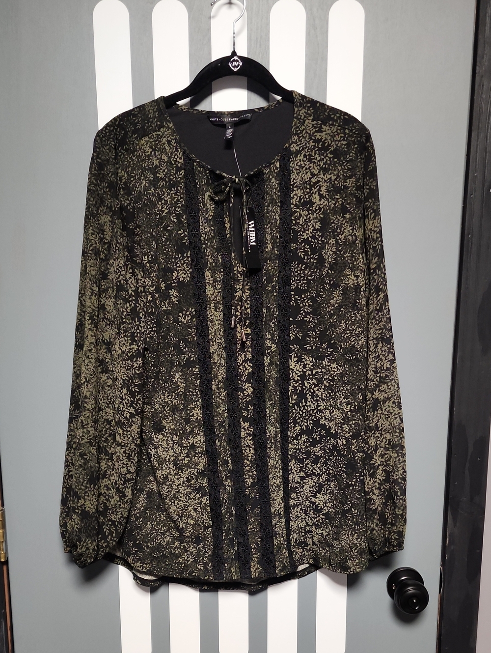 White House Black Market Olive & Black Floral Tie-Front Blouse